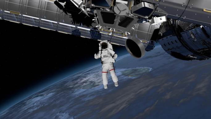 宇航员在太空行走，在开阔的空间挥舞着手。