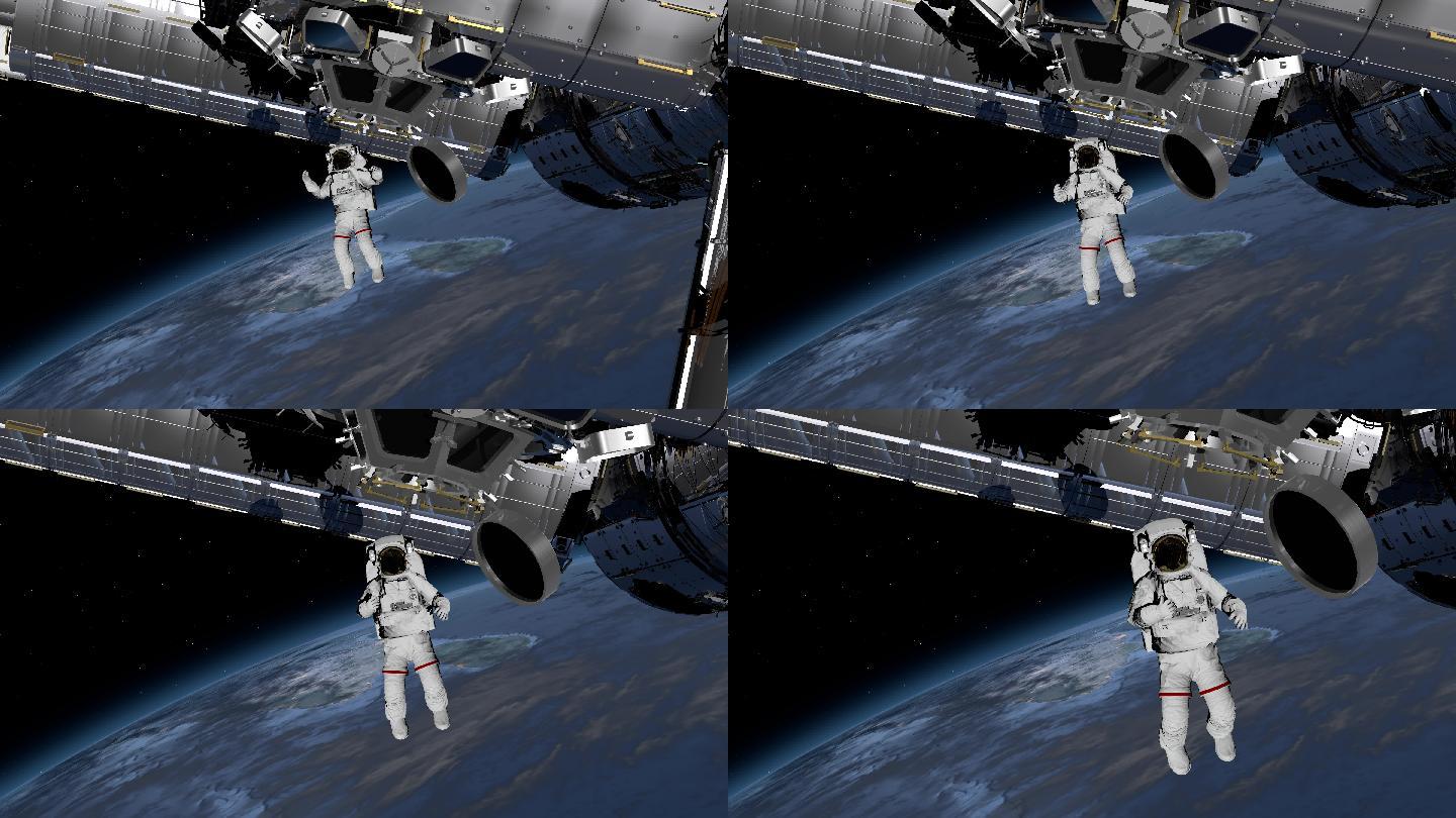 宇航员在太空行走，在开阔的空间挥舞着手。