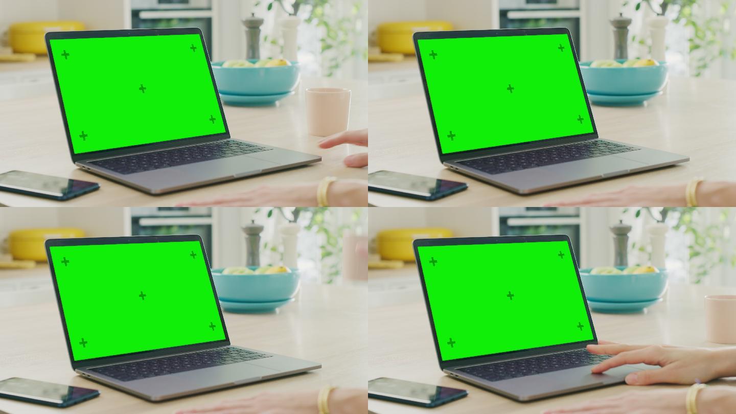 笔记本电脑上的绿色屏幕特写模型