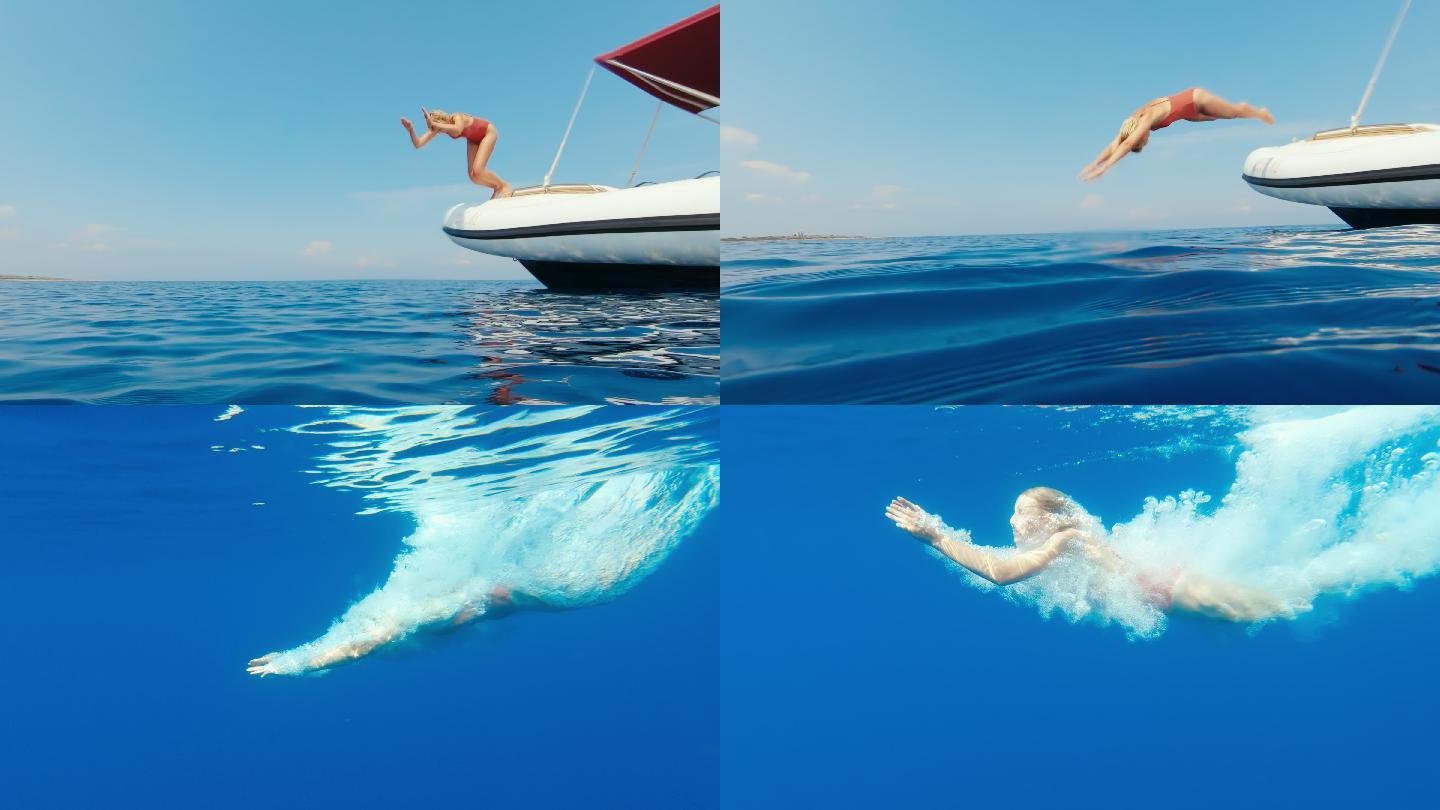 年轻女子跳入清澈透明的水中。