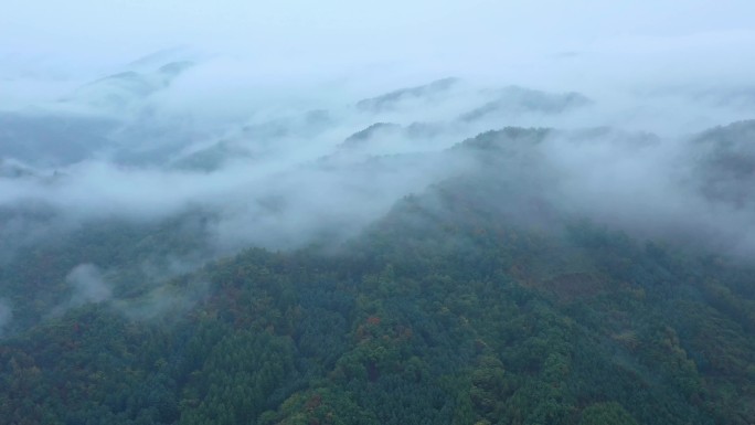 雨天航拍山间薄雾重重仙境意境