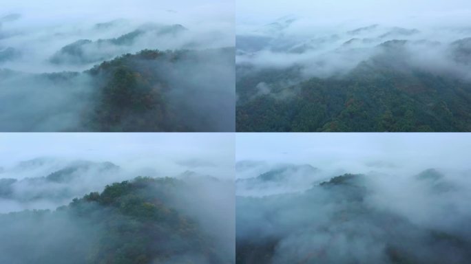 雨天航拍山间薄雾重重仙境意境
