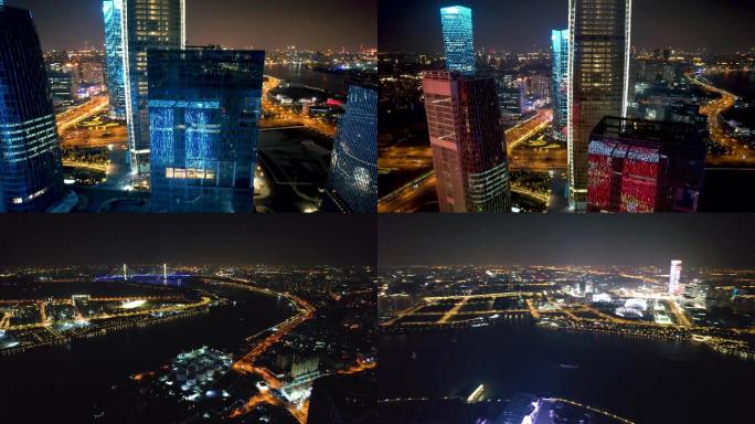 航拍上海夜景：黄浦江西岸
