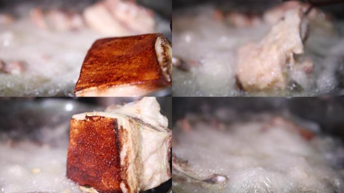 过年春节大锅油炸猪肉梅干菜扣肉沸腾热气