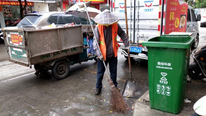 扫地清洁卫生扫街环卫工人作业打扫卫生