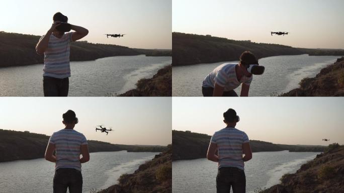 操作无人机的男人航拍摄影师湖边