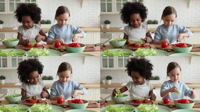两个小女孩在厨房做蔬菜沙拉
