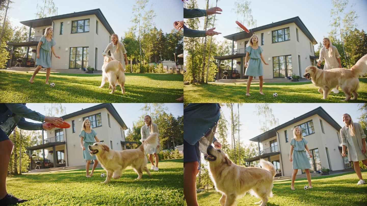 一家四口在后院与金毛猎犬一起玩飞碟