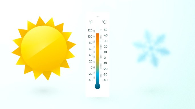 带温度计和温度波动的太阳和雪花