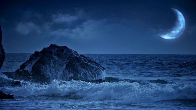 海浪冲击岩石的幻想海景