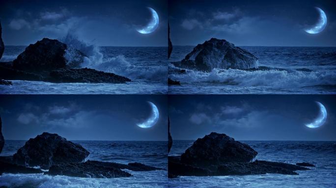 海浪冲击岩石的幻想海景