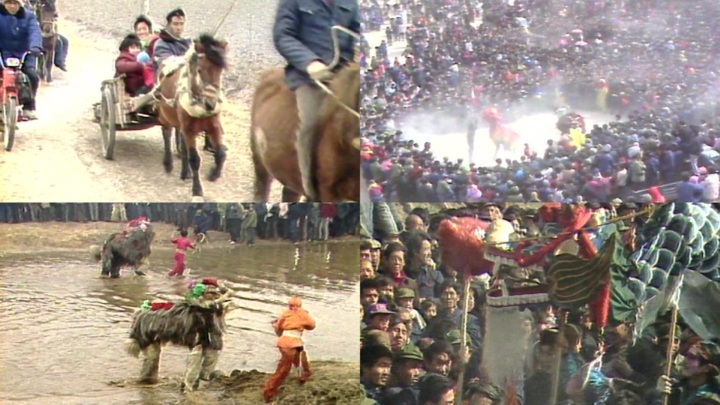 八十年代春节农民赶车骑马看舞狮舞龙