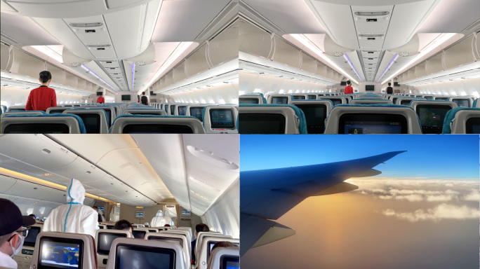宽敞的客机机舱，飞机窗外的日落