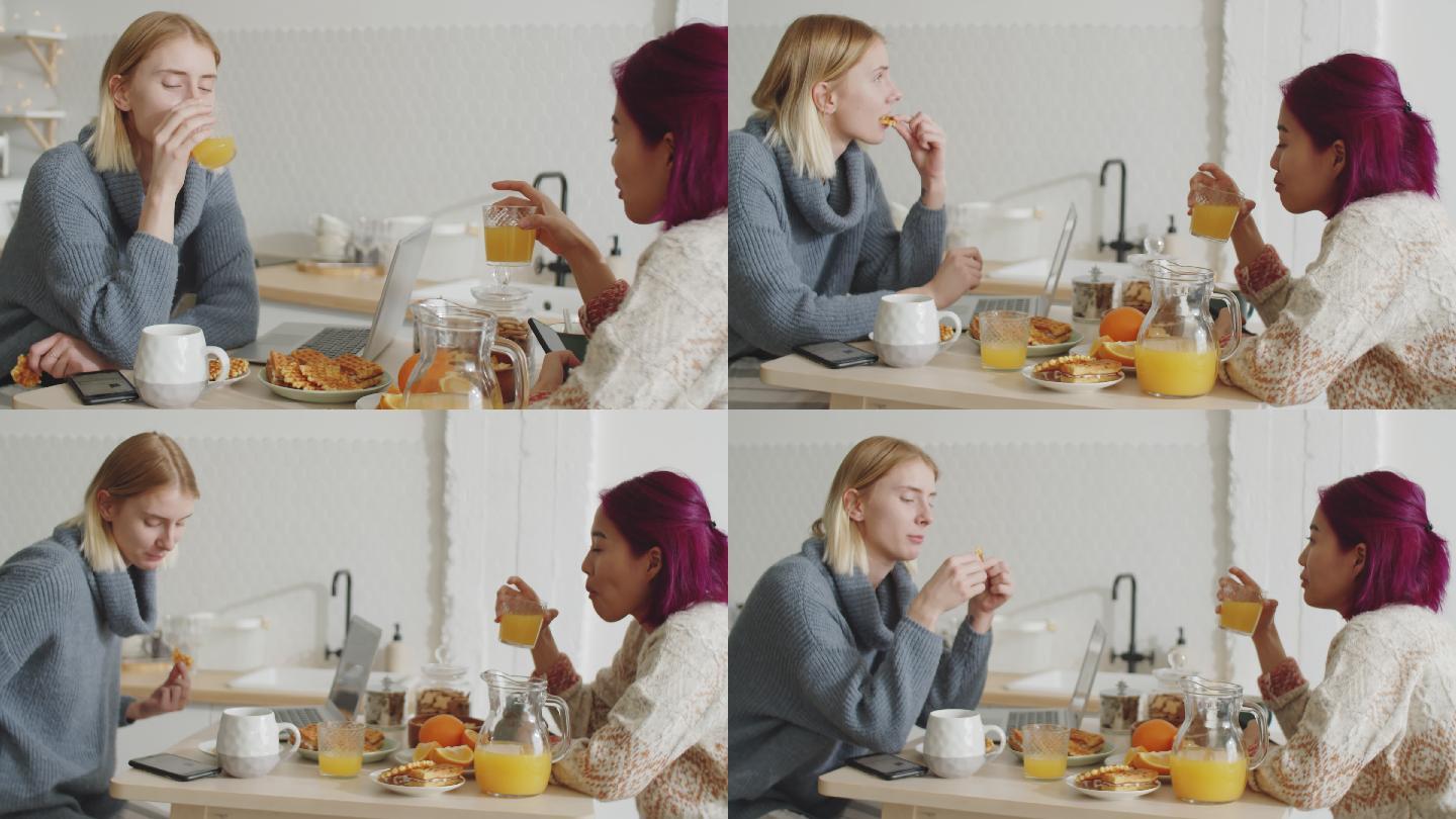 年轻闺蜜在家吃早餐-蓝牛仔影像-中国原创广告影像素材