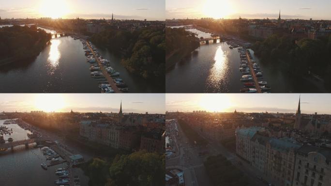 日落时斯德哥尔摩市的鸟瞰图