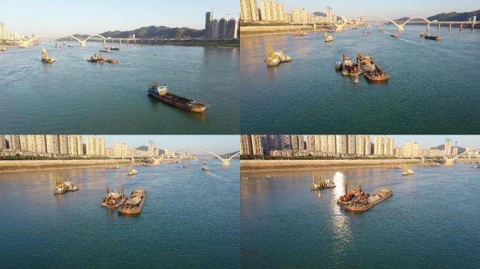 西江梧州市区段挖沙船作业航拍2k