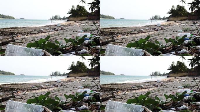 泰国海滨的塑料瓶和各种垃圾