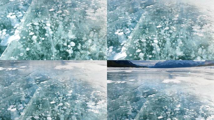 湖中冻结的气泡寒冬极寒之地冰面湖水结冰