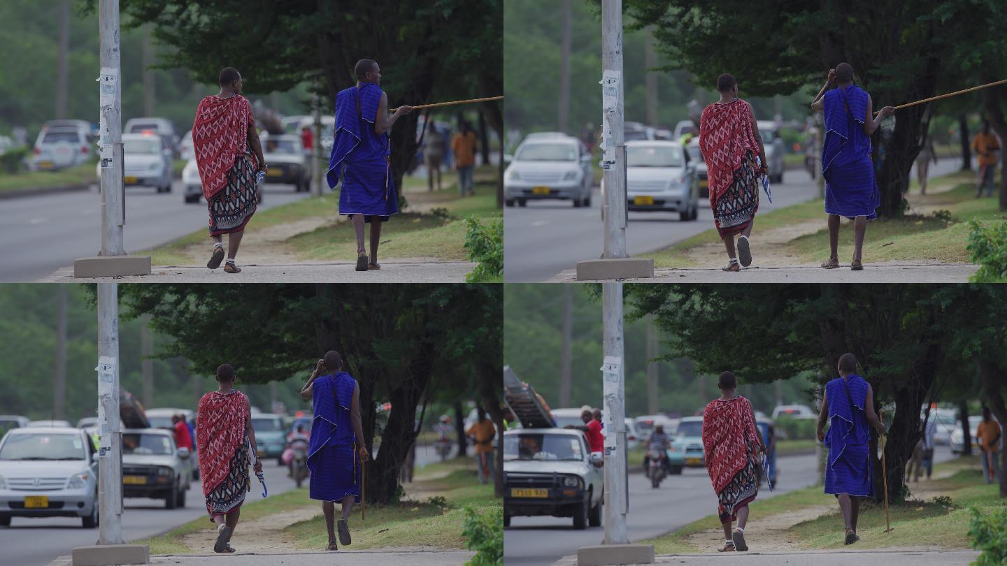 非洲马赛人走在城市街道