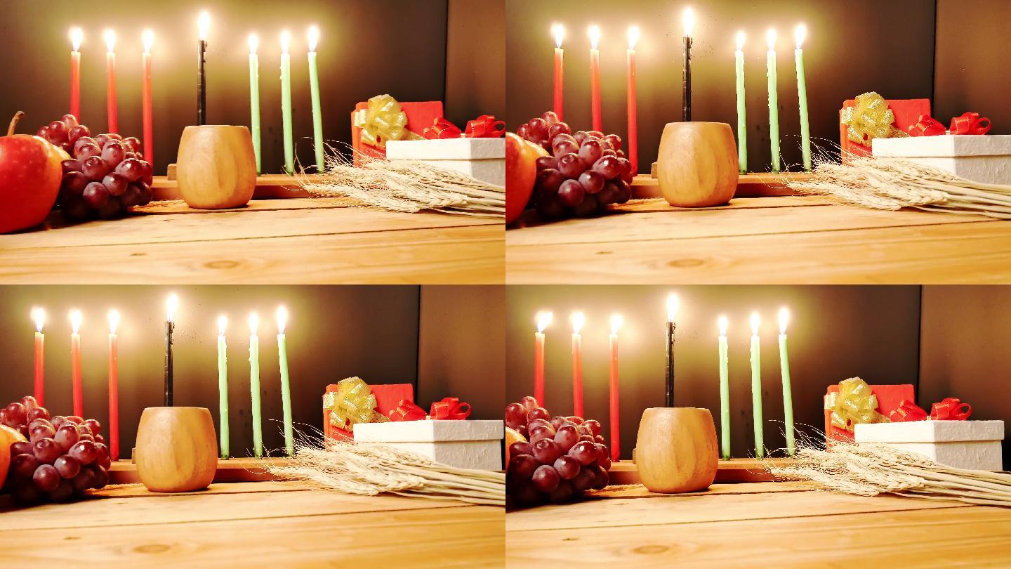 木质桌面和背景上装饰着七支蜡烛
