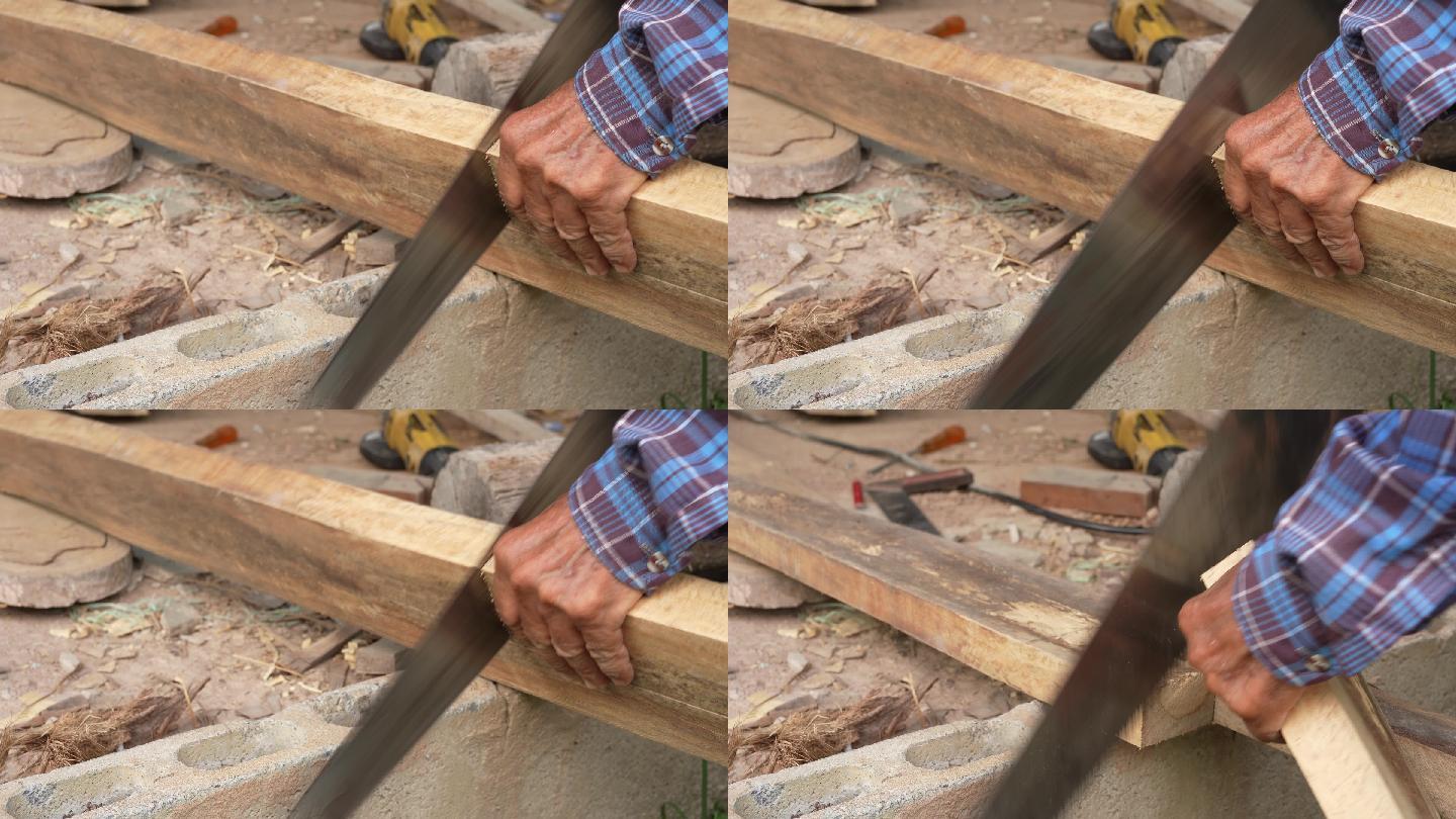 木匠实拍视频锯子锯木头