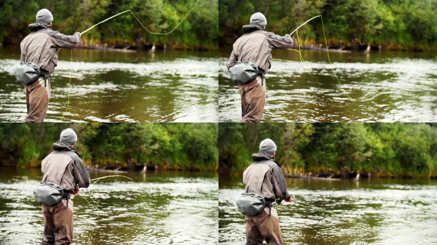 在河里钓鱼的人小河小溪垂钓