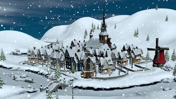圣诞节冬夜的小镇或村庄景色