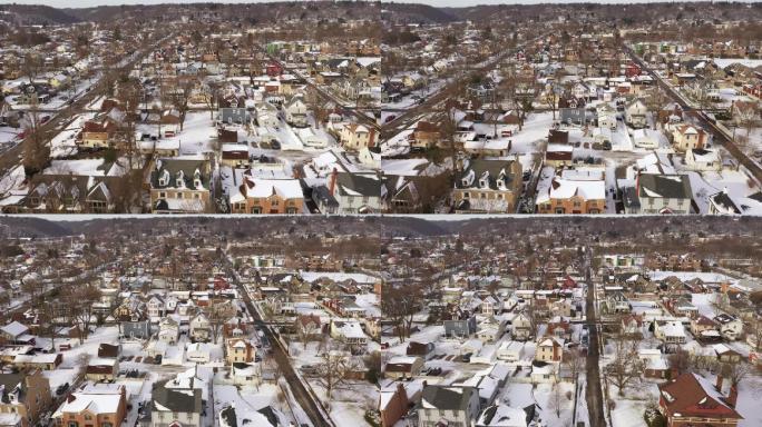 城市俯瞰图冬季雪花下雪雾凇风景