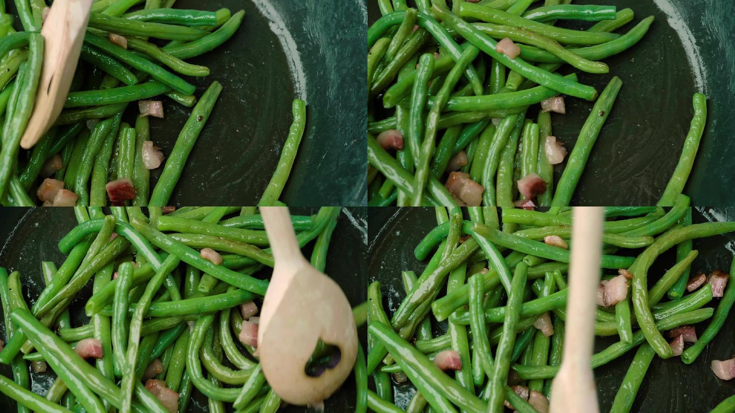 煎锅里的青豆和培根特写。