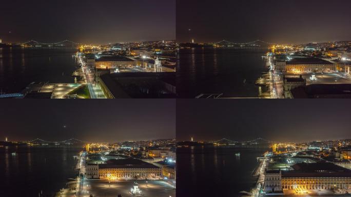夜间里斯本市中心的空中景观