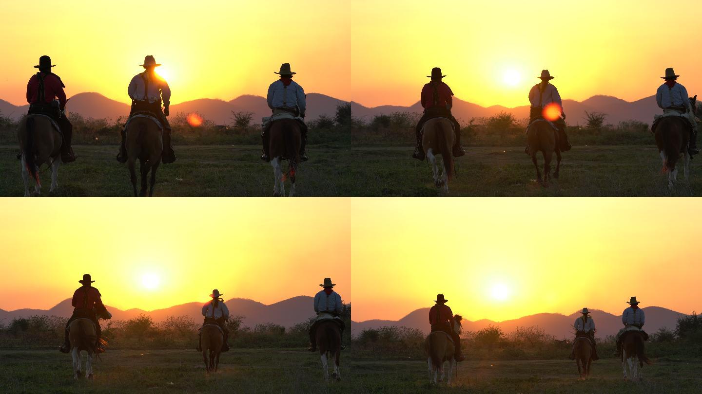 骑马的牛仔西部地区欧洲风土人情夕阳