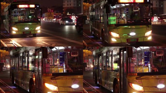 城市的夜晚停靠站台的公交车