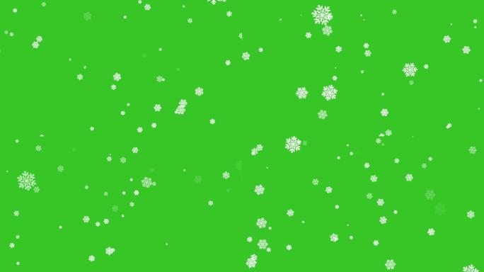 绿色屏幕上孤立的卡通降雪。