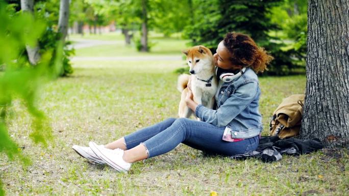 坐在公园绿草上的小女孩和宠物狗玩耍