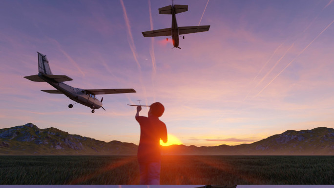 孩子迎着夕阳追逐飞机