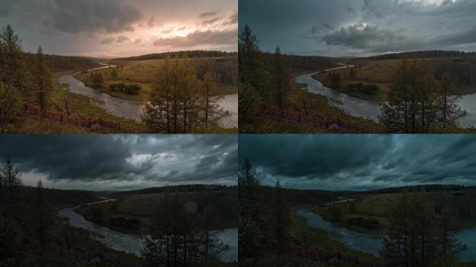 阿尔山不冻河日落云海雨天延时4K