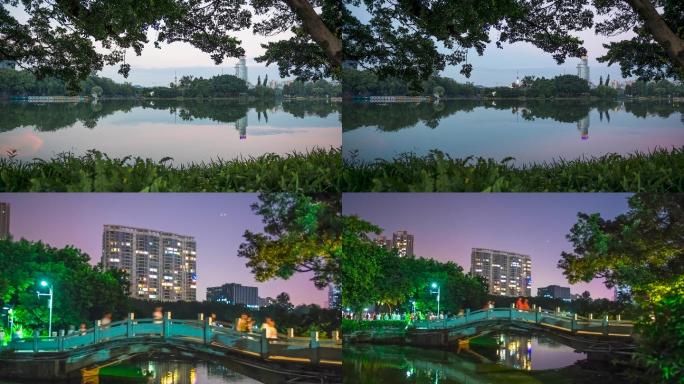 老广生活 行人 夜跑人群 流花湖傍晚景色