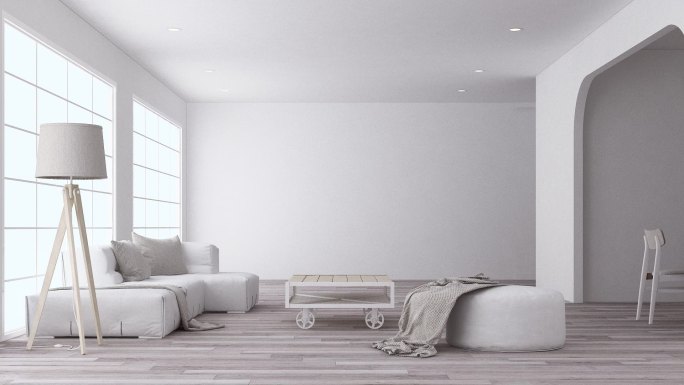 白色客厅和卧室，木质家具和地板。三维渲染