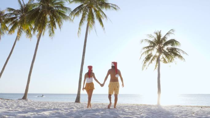 圣诞节，一对情侣在热带海滩享受假期