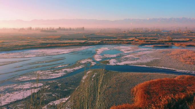 祁连山远山，湿地日出，天鹅候鸟、乡村清晨