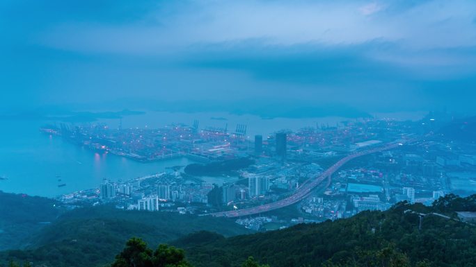 深圳盐田港入夜灯光夜景全景延时摄影素材