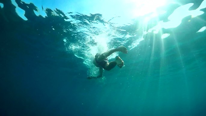 害怕的游泳者慌乱溺水水下生物视角