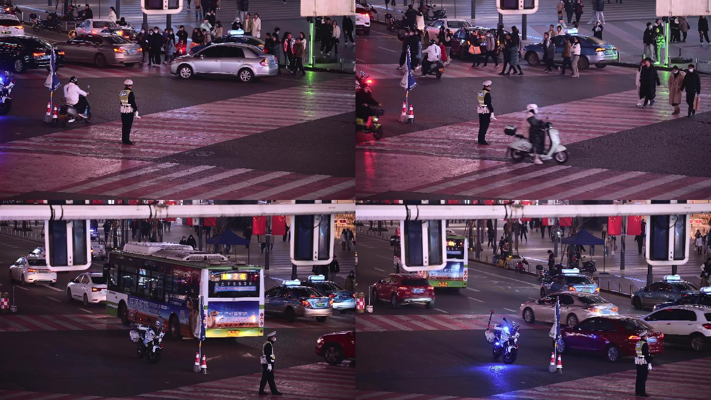 4K长沙黄兴路步行街路口执勤的交警空镜