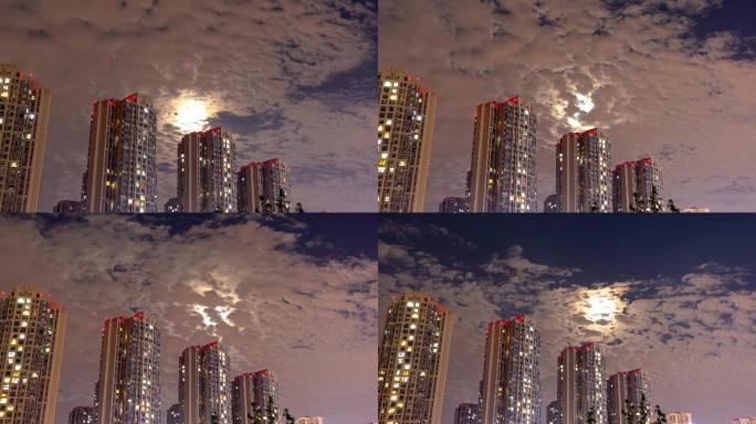 城市夜景月亮星星城市星空彩云追月延时