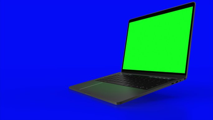 绿色屏幕笔记本电脑在蓝色背景上打开。