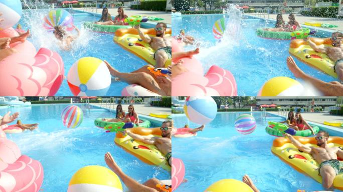 年轻人在泳池玩耍泼水-聚会跳跃-派对度假