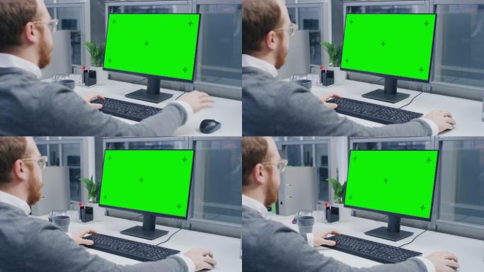 商人在绿色模拟屏幕桌面电脑上工作