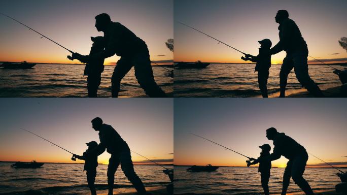 一个男人和他的儿子在日落时钓鱼
