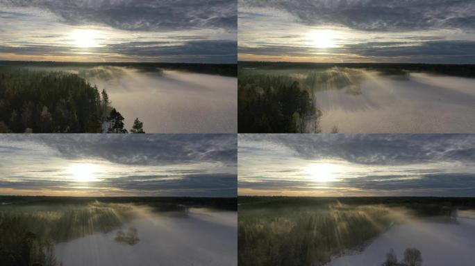 瑞典冬季森林航拍素材丁达尔晨雾晨光