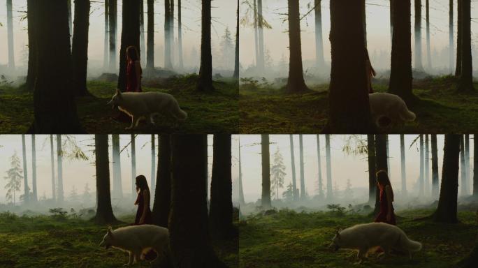 带着狗在森林里散步的女孩